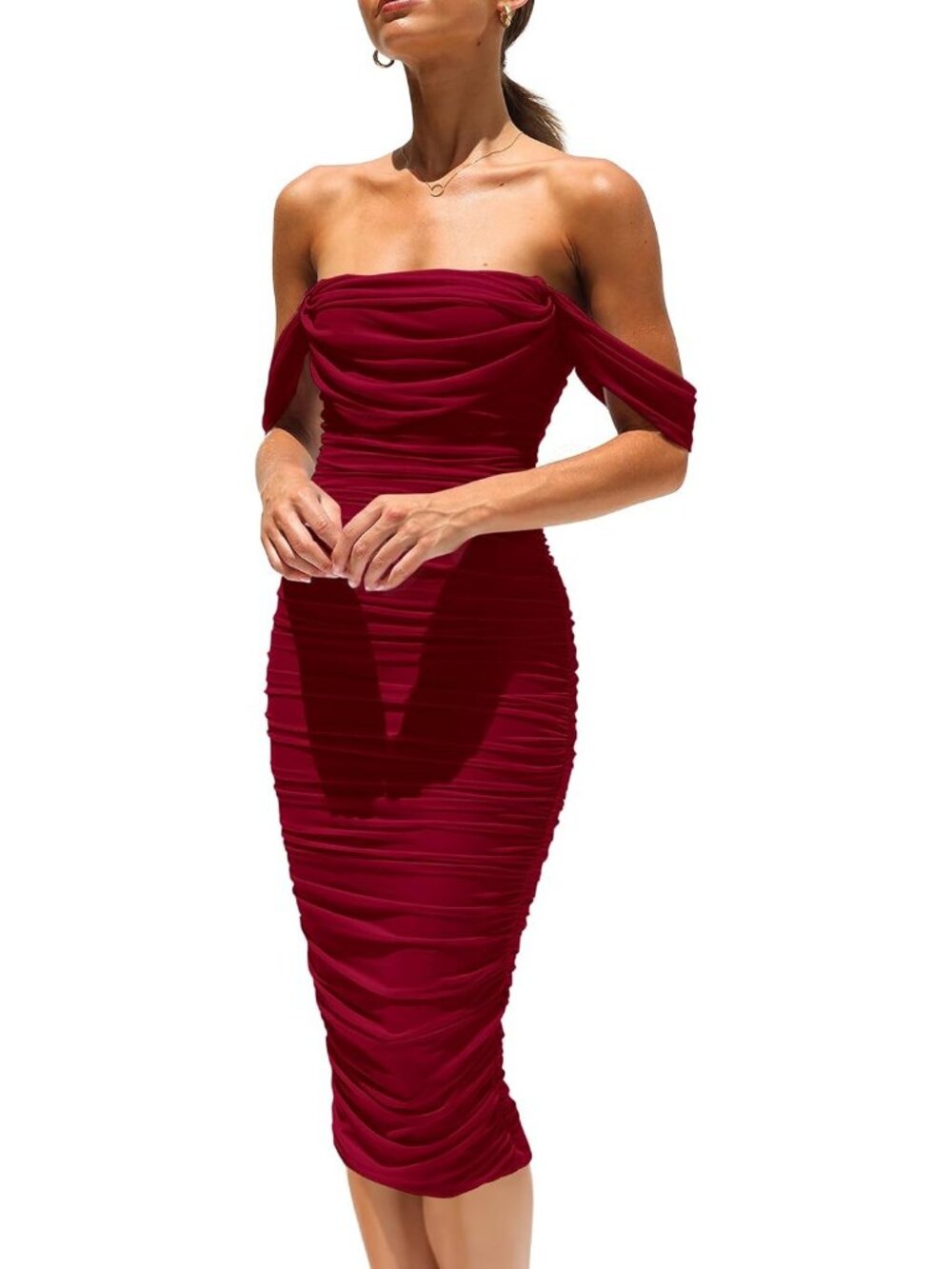 Women's Wine Red Off Shoulder Bodycon Tube Midi Dress Stretchy Mesh Party Outfit